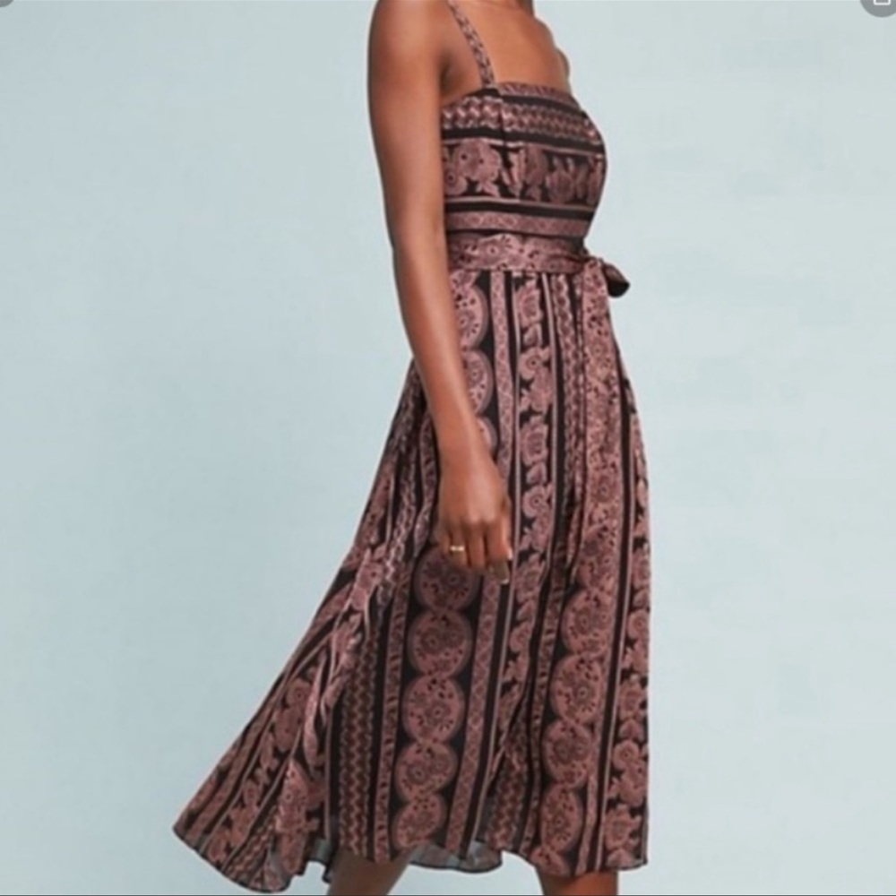 Anthropologie Pink and Black Patterned Midi Dress